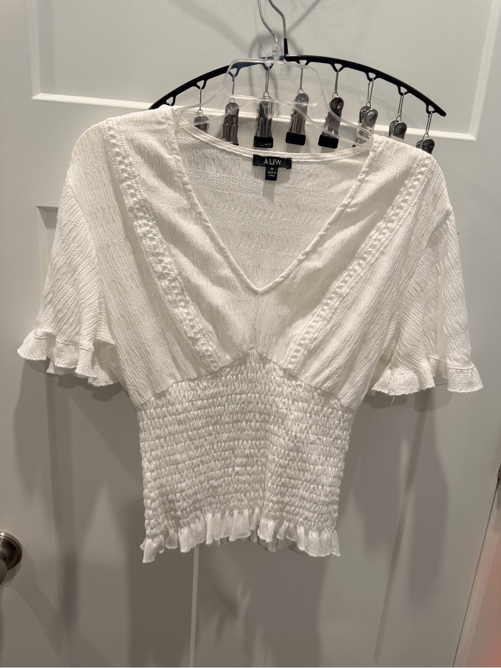 A.U.W Medium White Smocked V Neck Ruffle Sleeve Boho Peasant Blouse